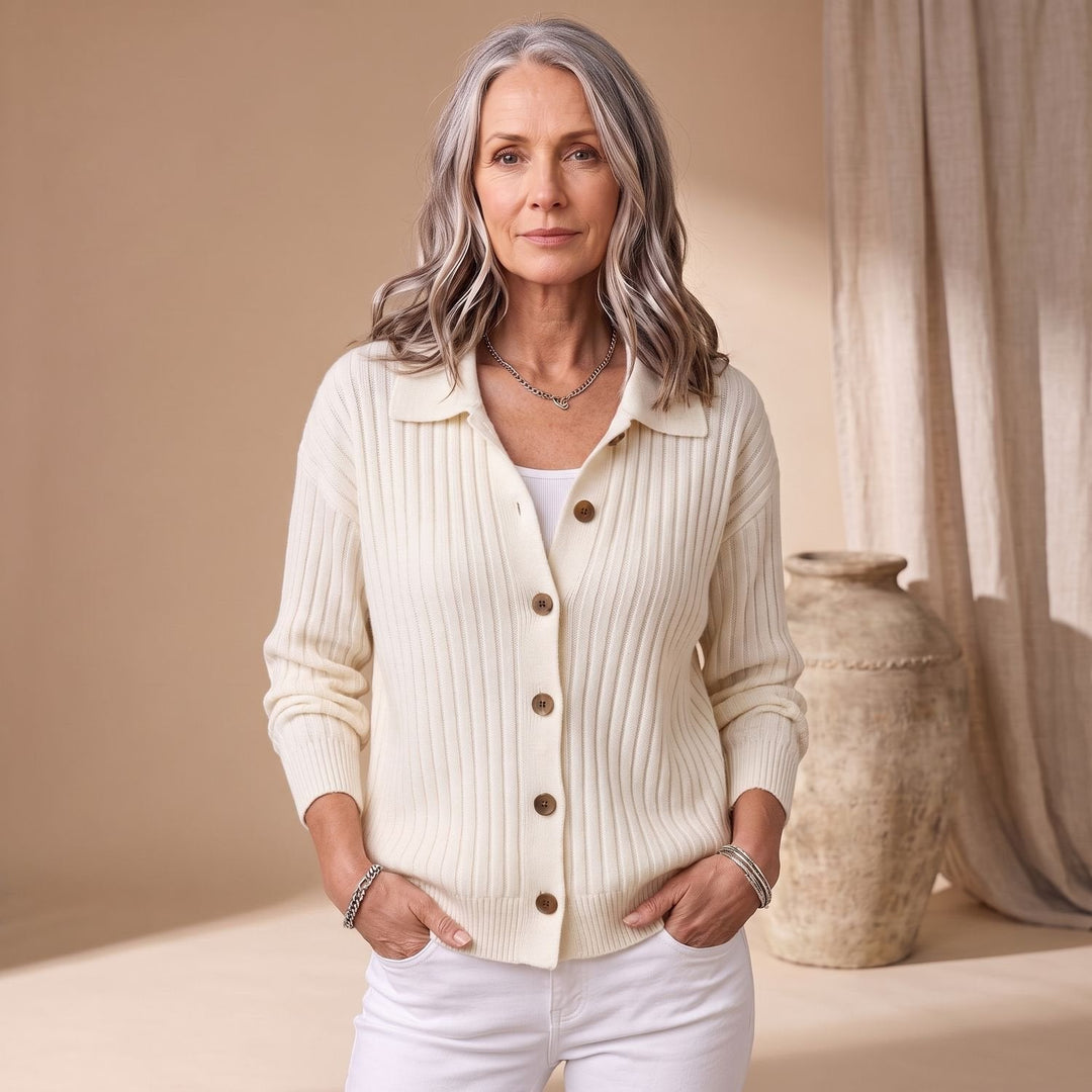 Teodora cream ribbed collared cardigan, front view