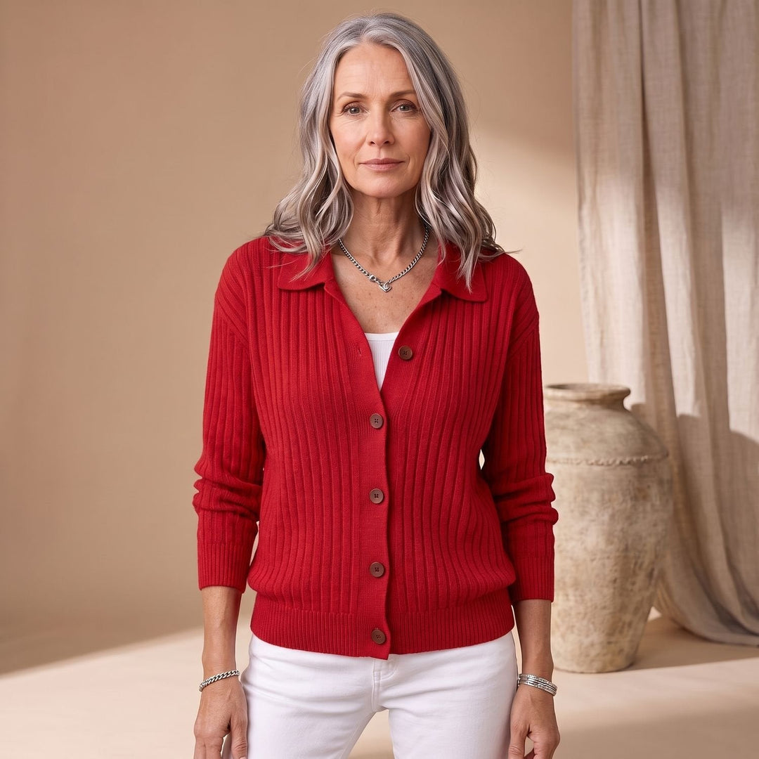 Teodora cream ribbed collared cardigan, front view