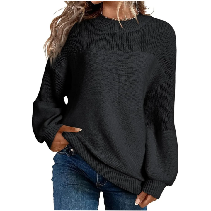Colette ribbed crew neck sweater in black, front view