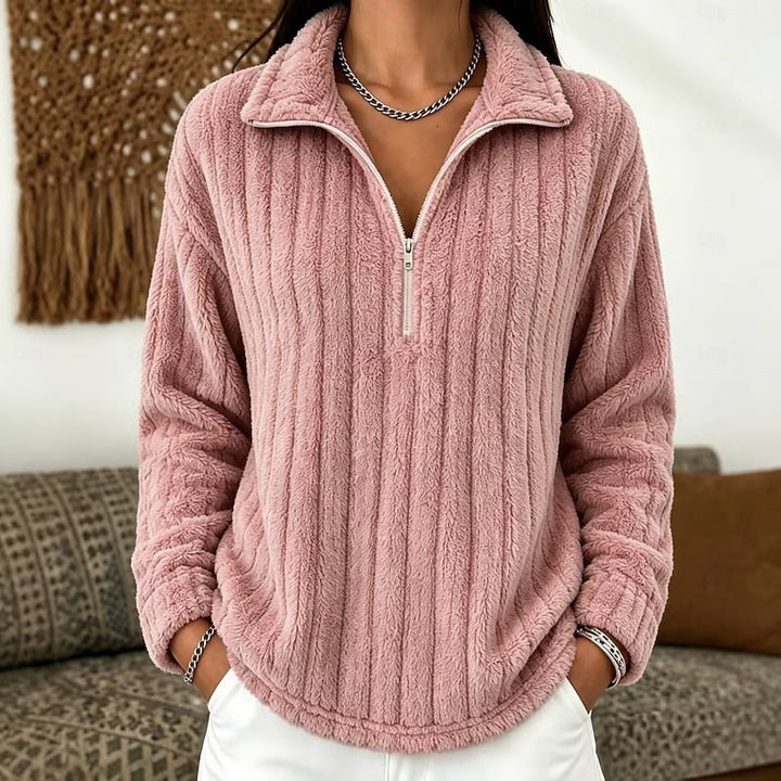Fenwick ribbed half zip fleece pullover in pink, front view close-up of collar and zip