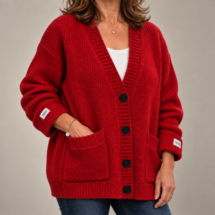 Marguerite ribbed button up cardigan in red, close-up front view