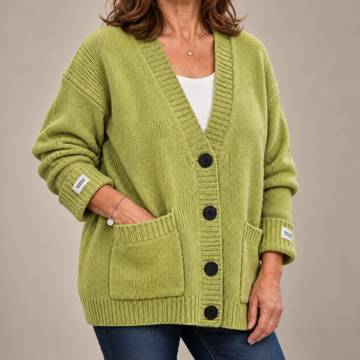 Marguerite ribbed button up cardigan in black, front view