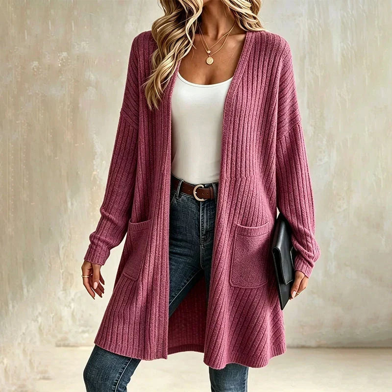 Rosalind ribbed long cardigan in fuchsia, open front styled with jeans