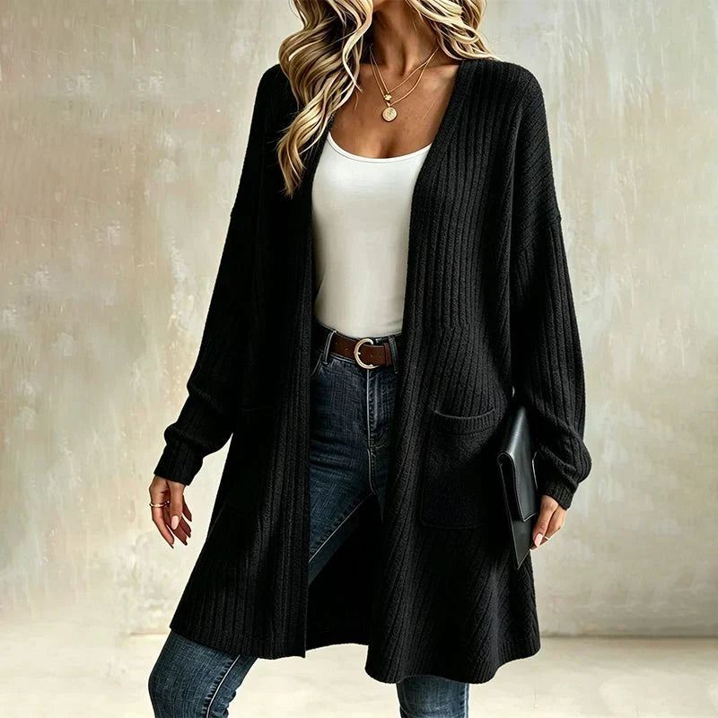 Rosalind ribbed long cardigan in black, long sleeve detail