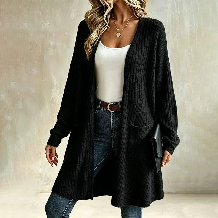 Rosalind ribbed long cardigan in black, long sleeve detail