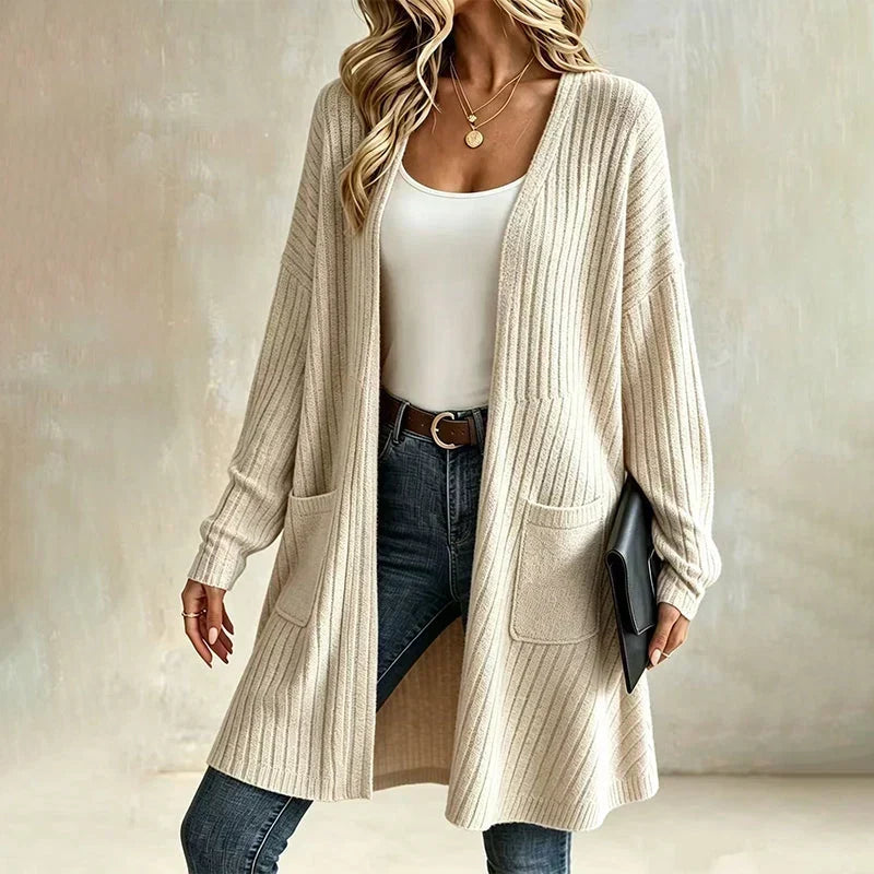 Rosalind ribbed long cardigan in beige, relaxed fit front view