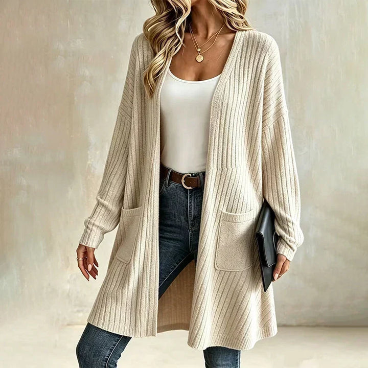 Rosalind ribbed long cardigan in beige, relaxed fit front view