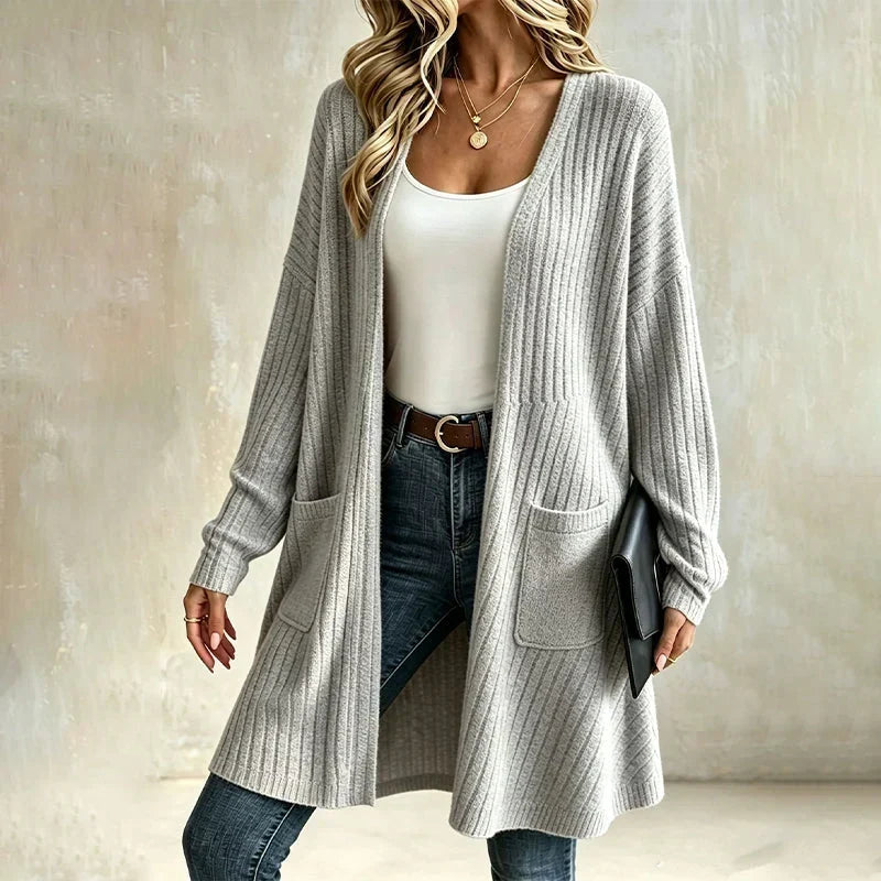 Rosalind ribbed long cardigan in beige, relaxed fit front view