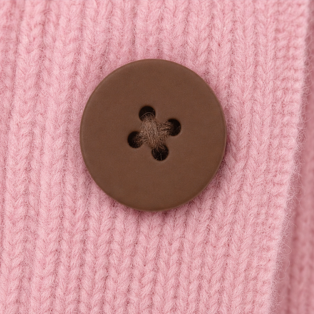 Marcelline ruffle collar cardigan in a kitchen setting, holding a mug