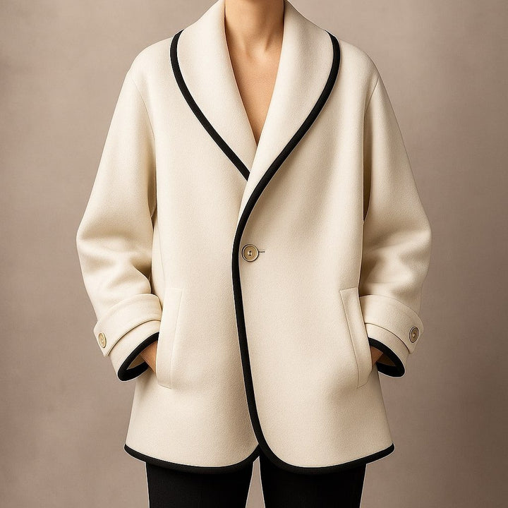 Delphine shawl collar wool coat with contrast trim, front view close-up