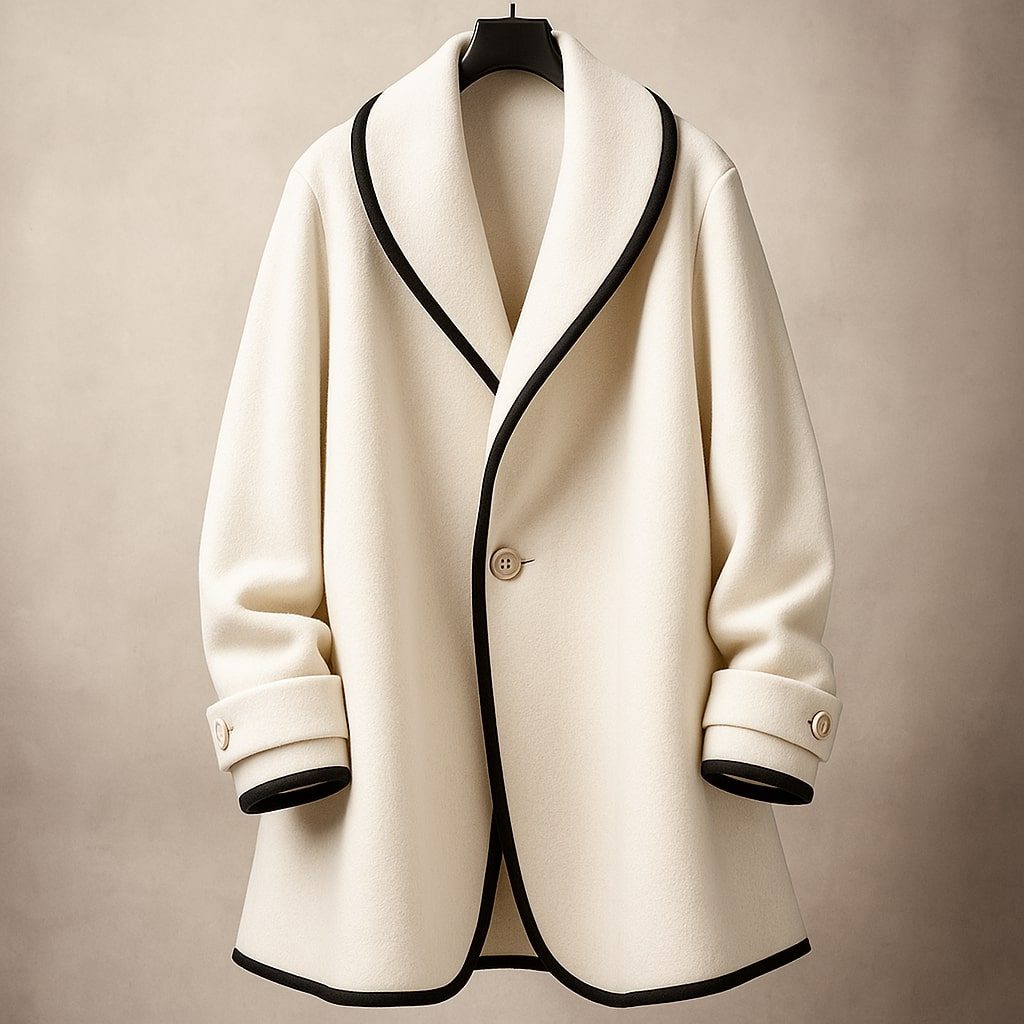 Delphine wool coat on hanger, full front view