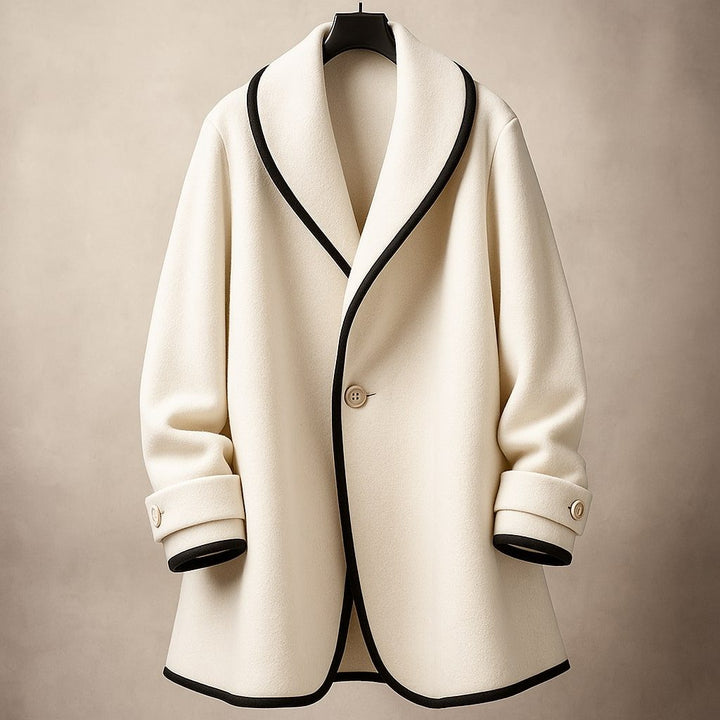 Delphine wool coat on hanger, full front view