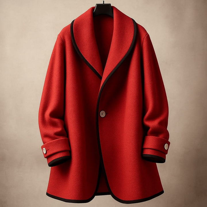 Delphine wool coat on hanger, full front view