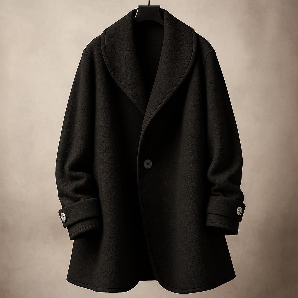 Delphine wool coat on hanger, full front view