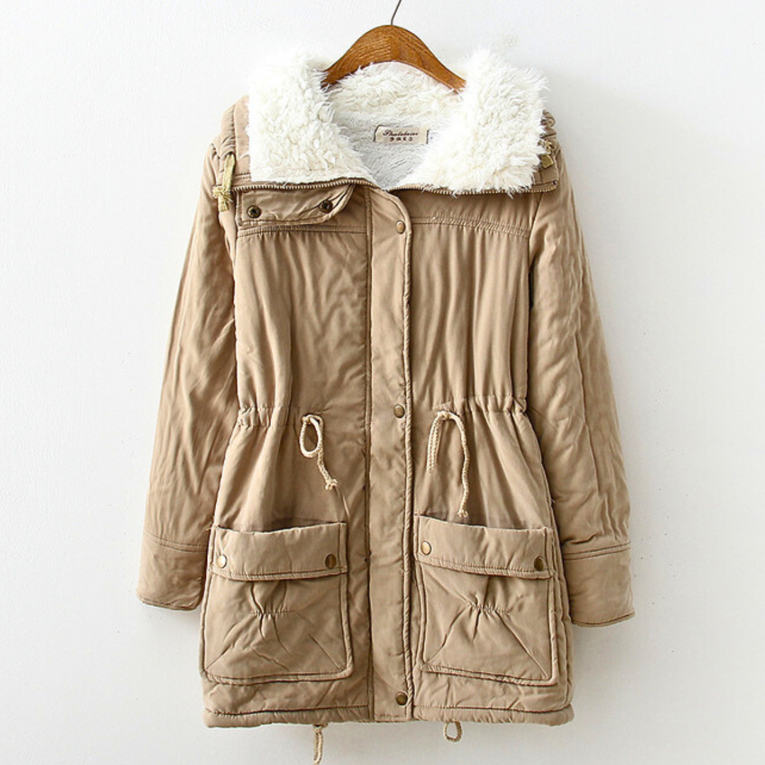 Elowen beige sherpa collar winter parka, front view on hanger