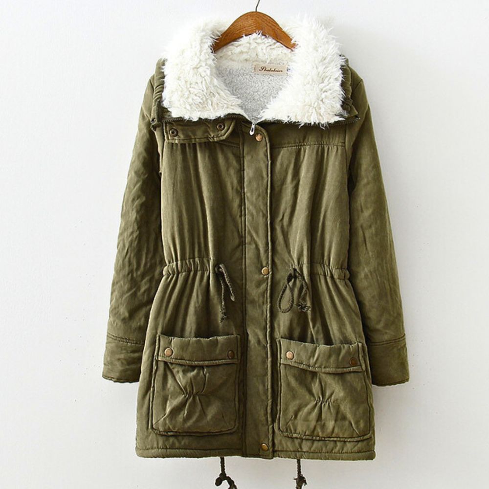 Elowen olive green sherpa collar winter parka, front view on hanger