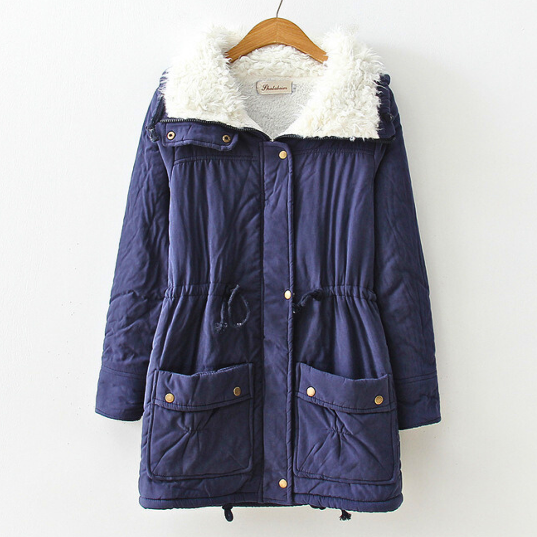 Elowen navy blue sherpa collar winter parka, front view on hanger
