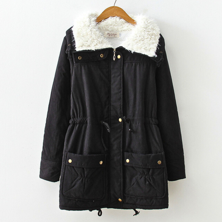 Elowen black sherpa collar winter parka, front view on hanger