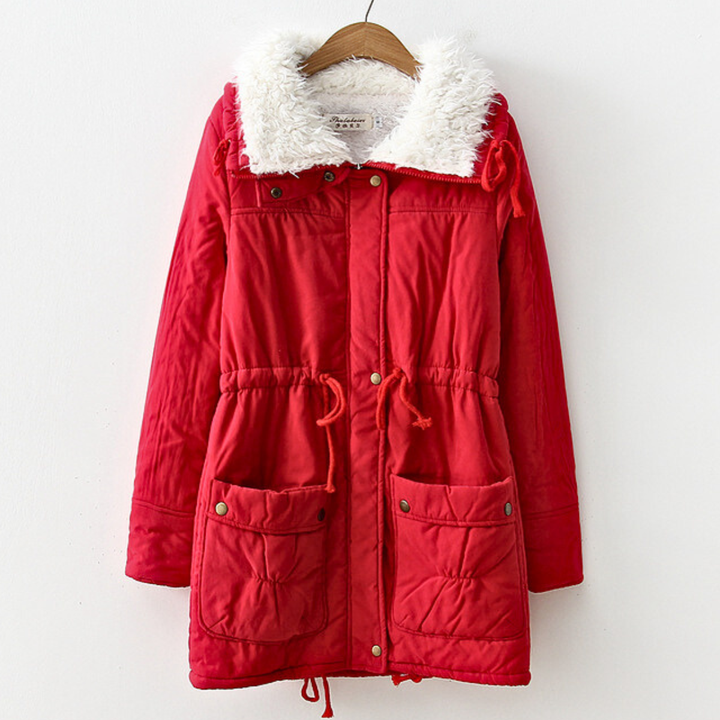 Elowen black sherpa collar winter parka, front view on hanger