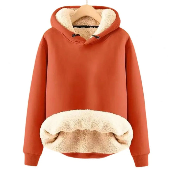 Odessa orange sherpa lined cropped hoodie, front view on hanger
