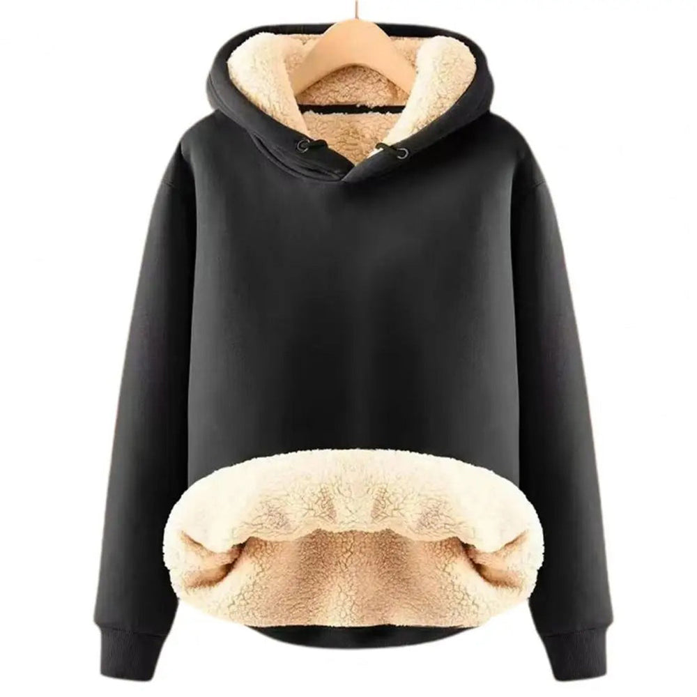 Odessa black sherpa lined cropped hoodie, front view on hanger