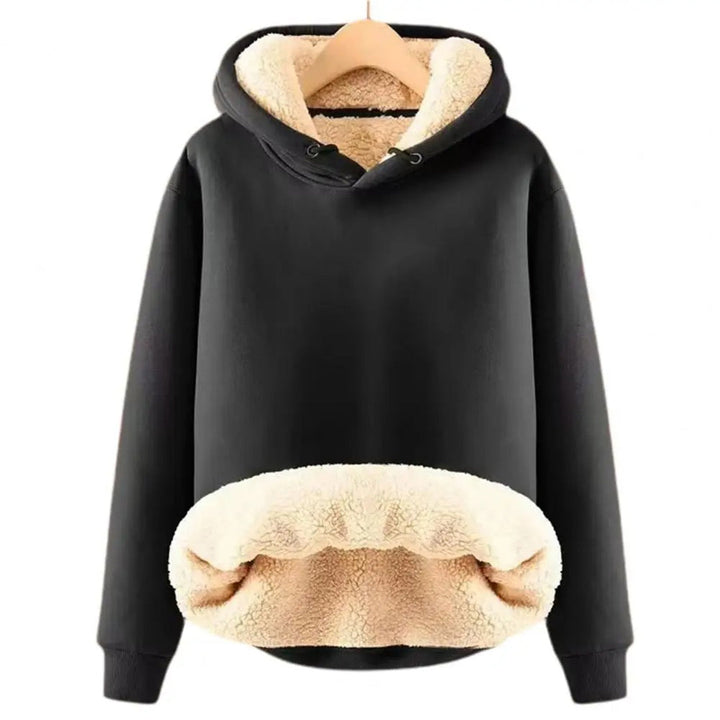 Odessa black sherpa lined cropped hoodie, front view on hanger