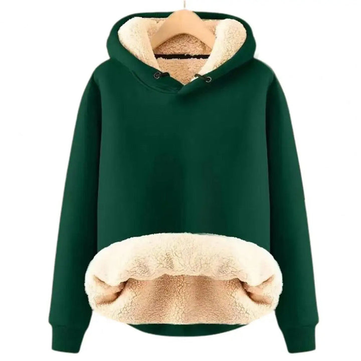 Odessa dark green sherpa lined cropped hoodie, front view on hanger