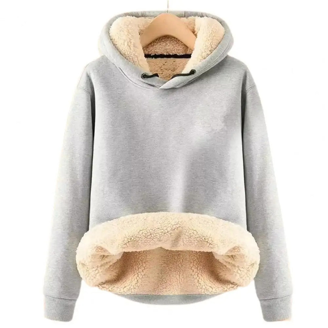 Odessa gray sherpa lined cropped hoodie, front view on hanger