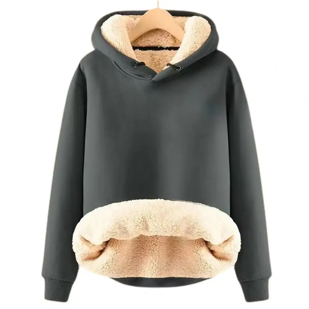 Odessa gray sherpa lined cropped hoodie, front view on hanger