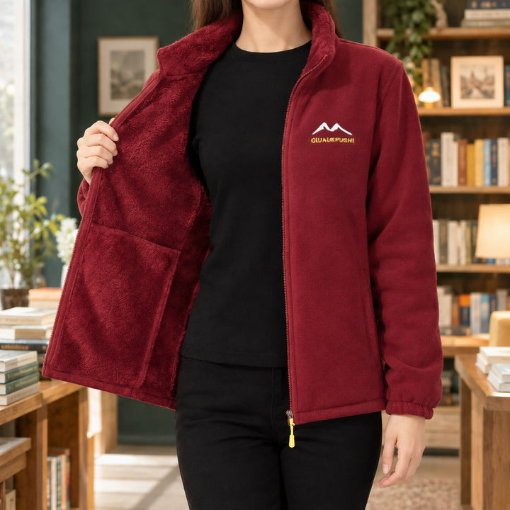 Rosalyn sherpa lined fleece jacket in dark red, open front view showing lining and pocket