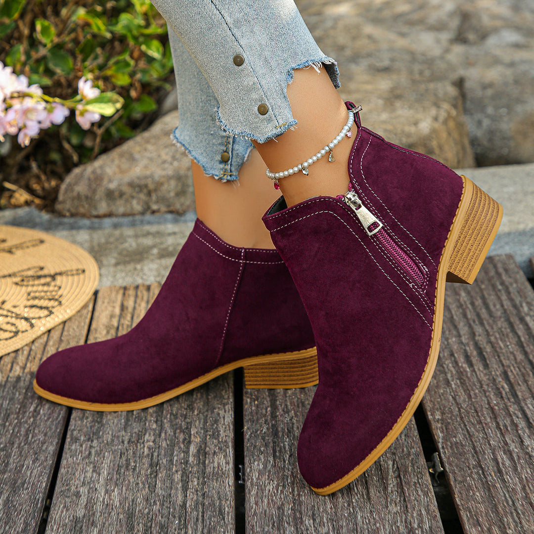 Verlaine burgundy ankle boots with side zipper, close-up side view