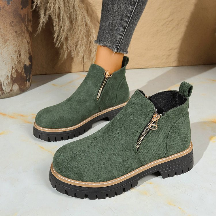 Odessa ankle boots in olive green, side view with zipper detail