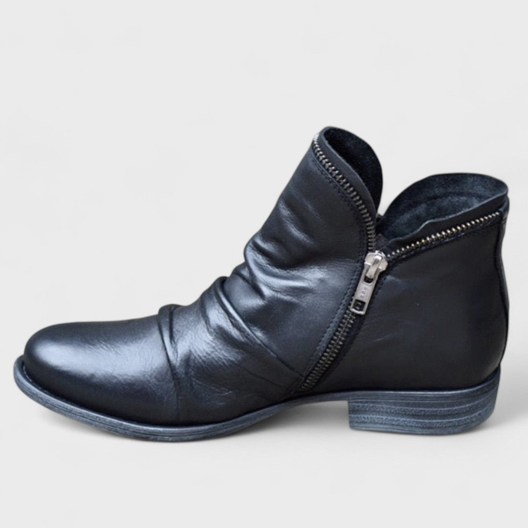 Marisol black slouch ankle boot with side zipper, side view