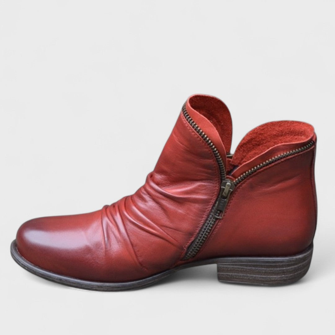 Marisol red slouch ankle boot with side zipper, side view