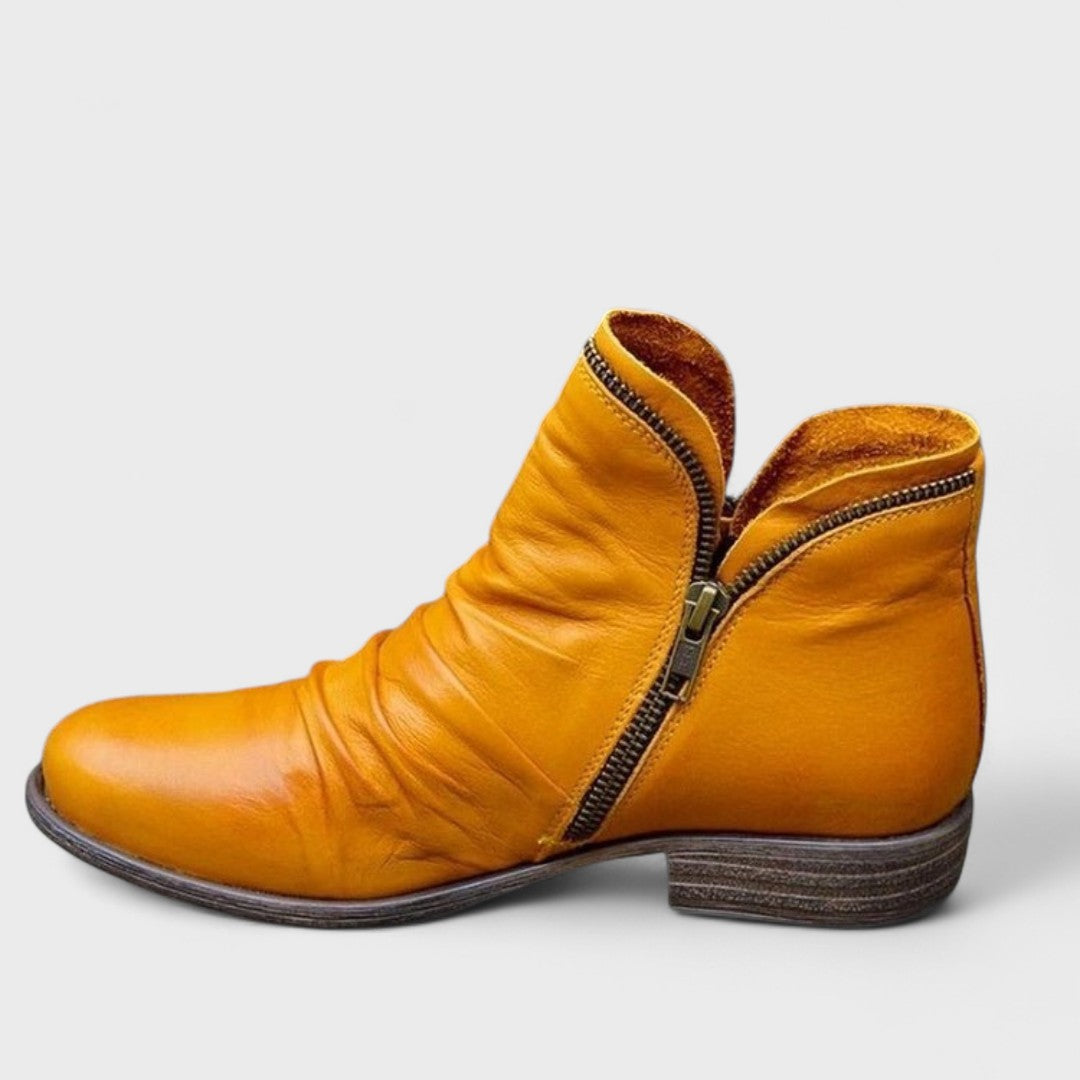 Marisol red slouch ankle boot with side zipper, side view