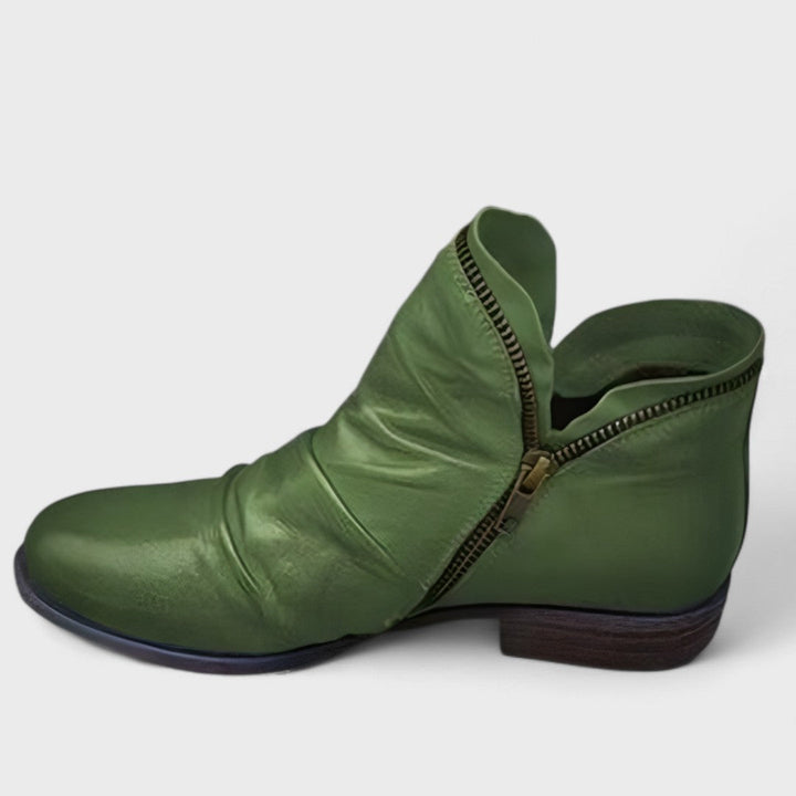 Marisol red slouch ankle boot with side zipper, side view