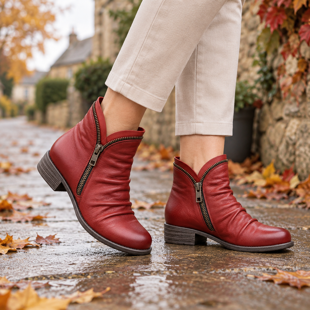 Marisol purple slouch ankle boots, studio side view