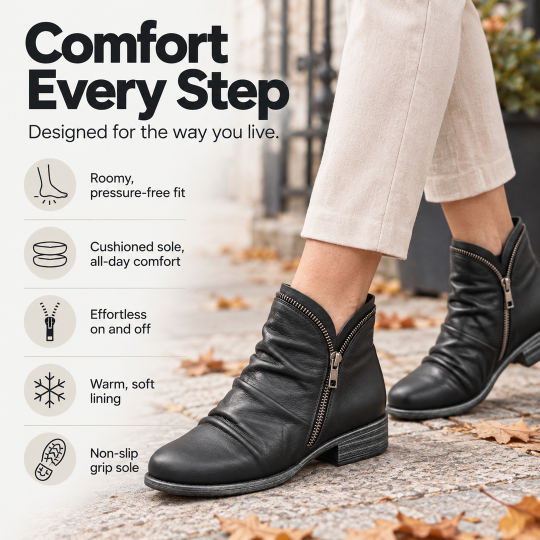 Marisol purple slouch ankle boots, studio side view