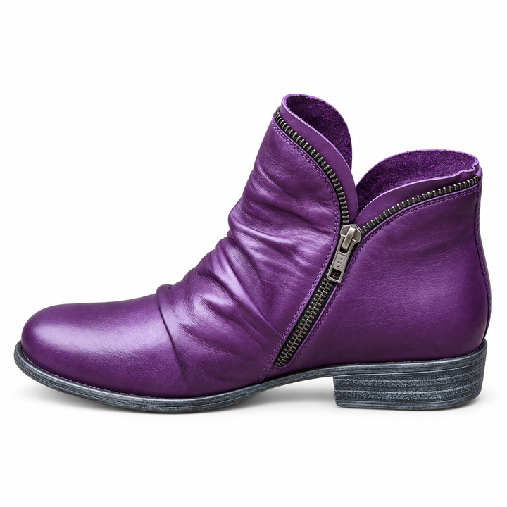 Marisol purple slouch ankle boots, studio side view