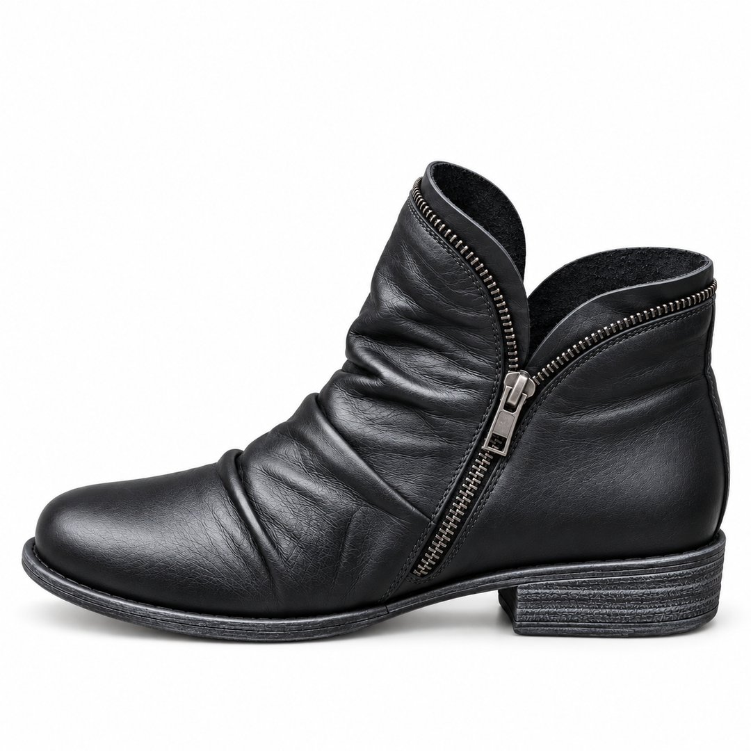 Marisol purple slouch ankle boots, studio side view
