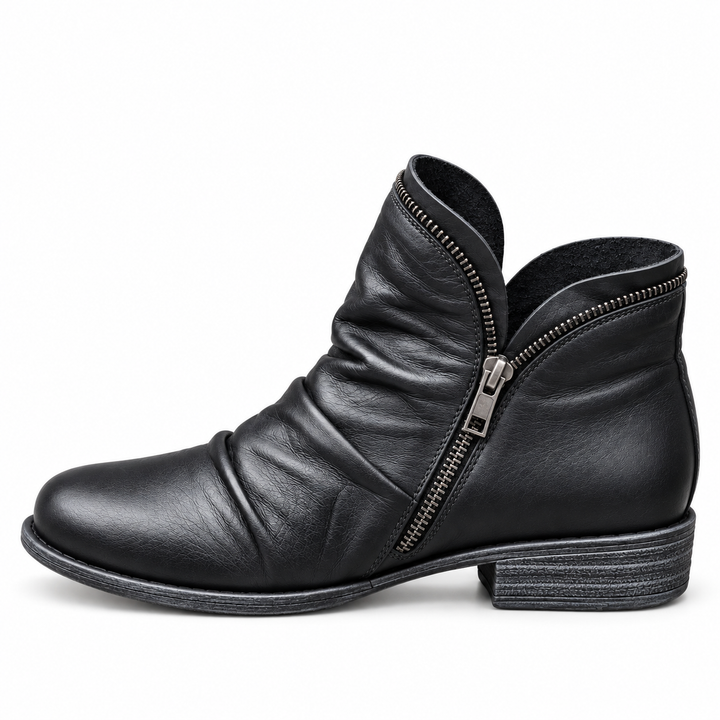 Marisol purple slouch ankle boots, studio side view