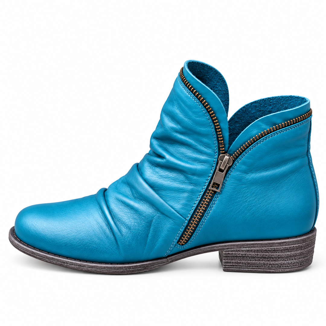 Marisol purple slouch ankle boots, studio side view