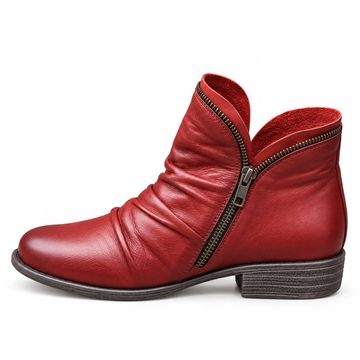 Marisol purple slouch ankle boots, studio side view