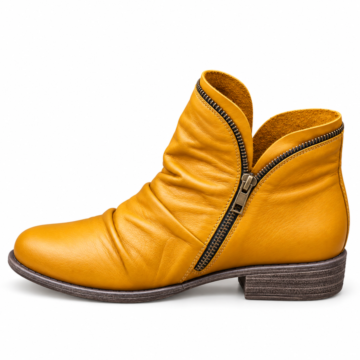 Marisol purple slouch ankle boots, studio side view