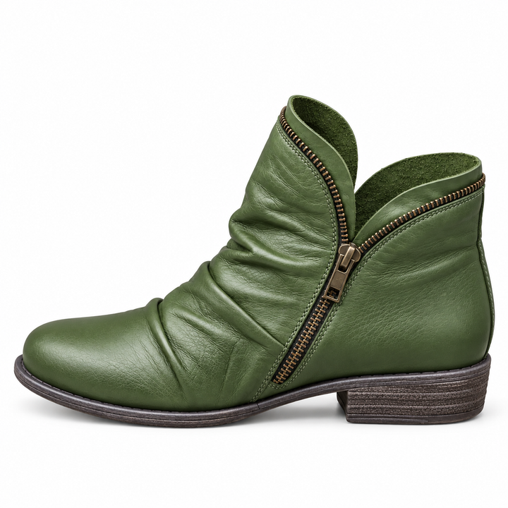 Marisol purple slouch ankle boots, studio side view