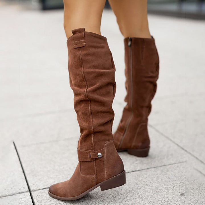 Rosamund slouchy knee-high flat boots in brown, side view close-up