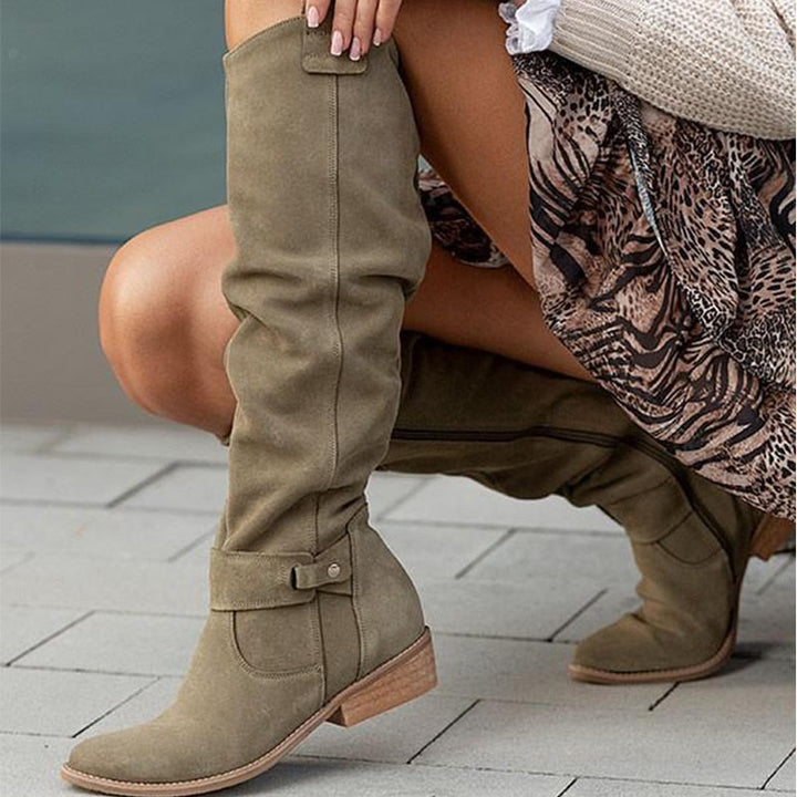 Rosamund slouchy knee-high flat boots in brown, styled with floral dress