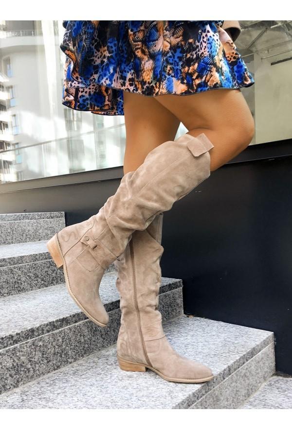 Rosamund slouchy knee-high flat boots in brown, styled with floral dress