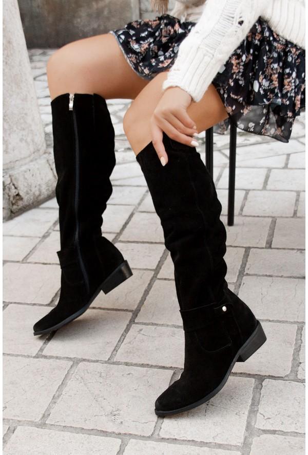 Rosamund slouchy knee-high flat boots in brown, styled with floral dress