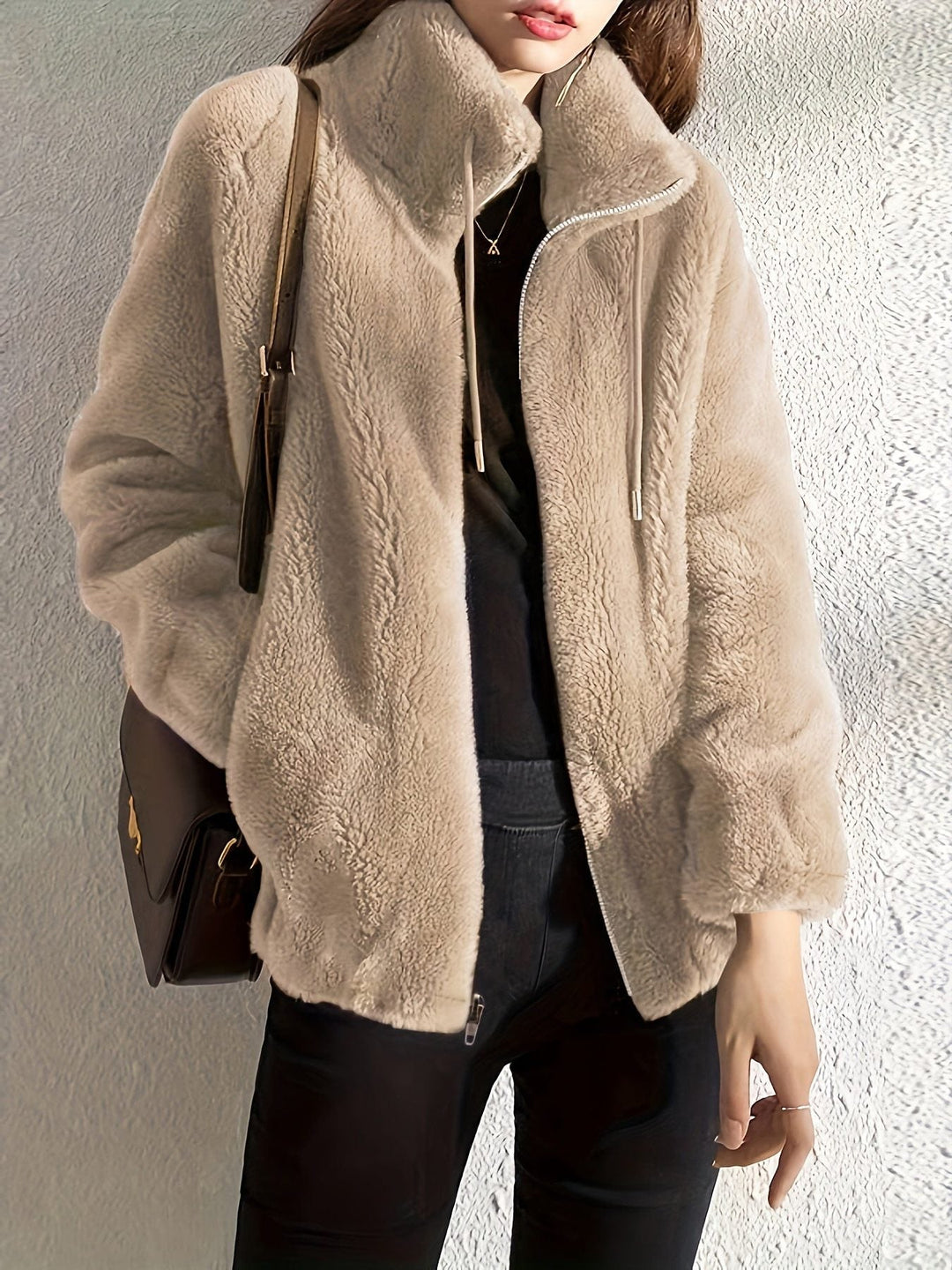 Rosalind plush teddy jacket with stand collar in beige, front view